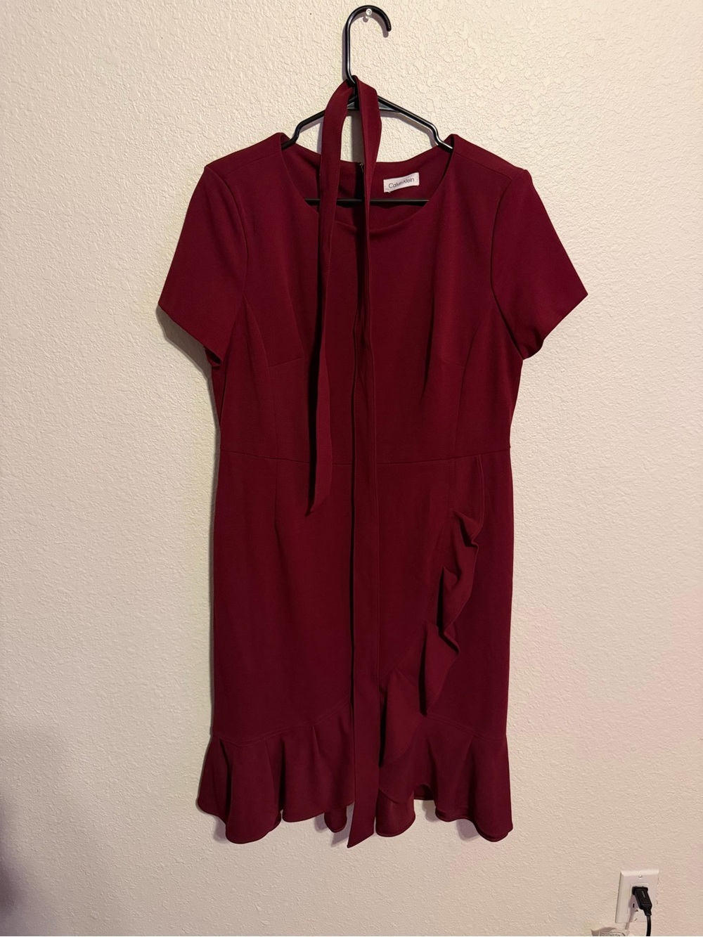 Calvin Klein Wine Red Tie-Neck Ruffle Dress